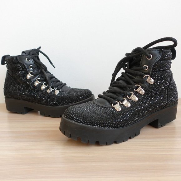 Steve Madden Shoes Leather 6 Boots Black Combat Chunky Lug Sole Studded Buzzer - Picture 1 of 16